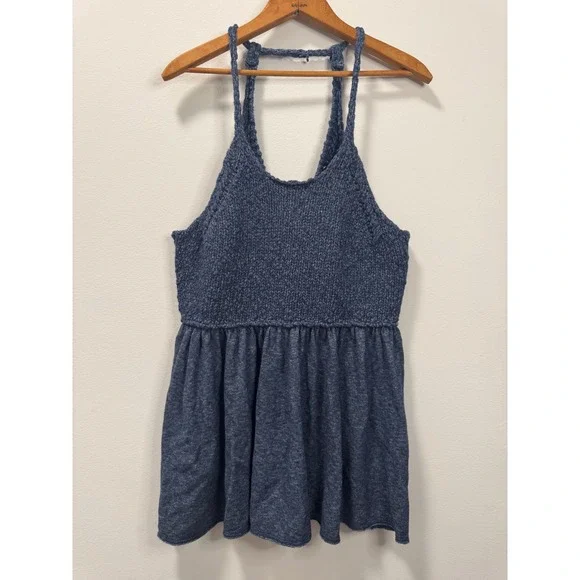 Free People Mountain View Crochet Knit Babydoll Sweater Tank Tunic Dress Navy L - Picture 3 of 7